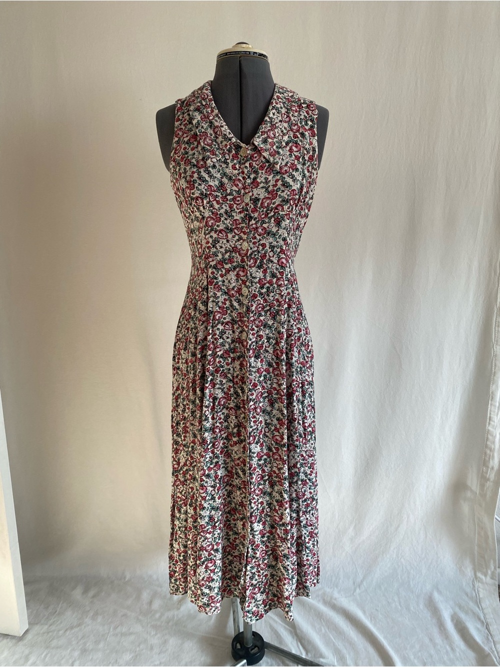CDC Floral Mother of Pearl Button front Maxi Dress — Pink, White & Green Rayon